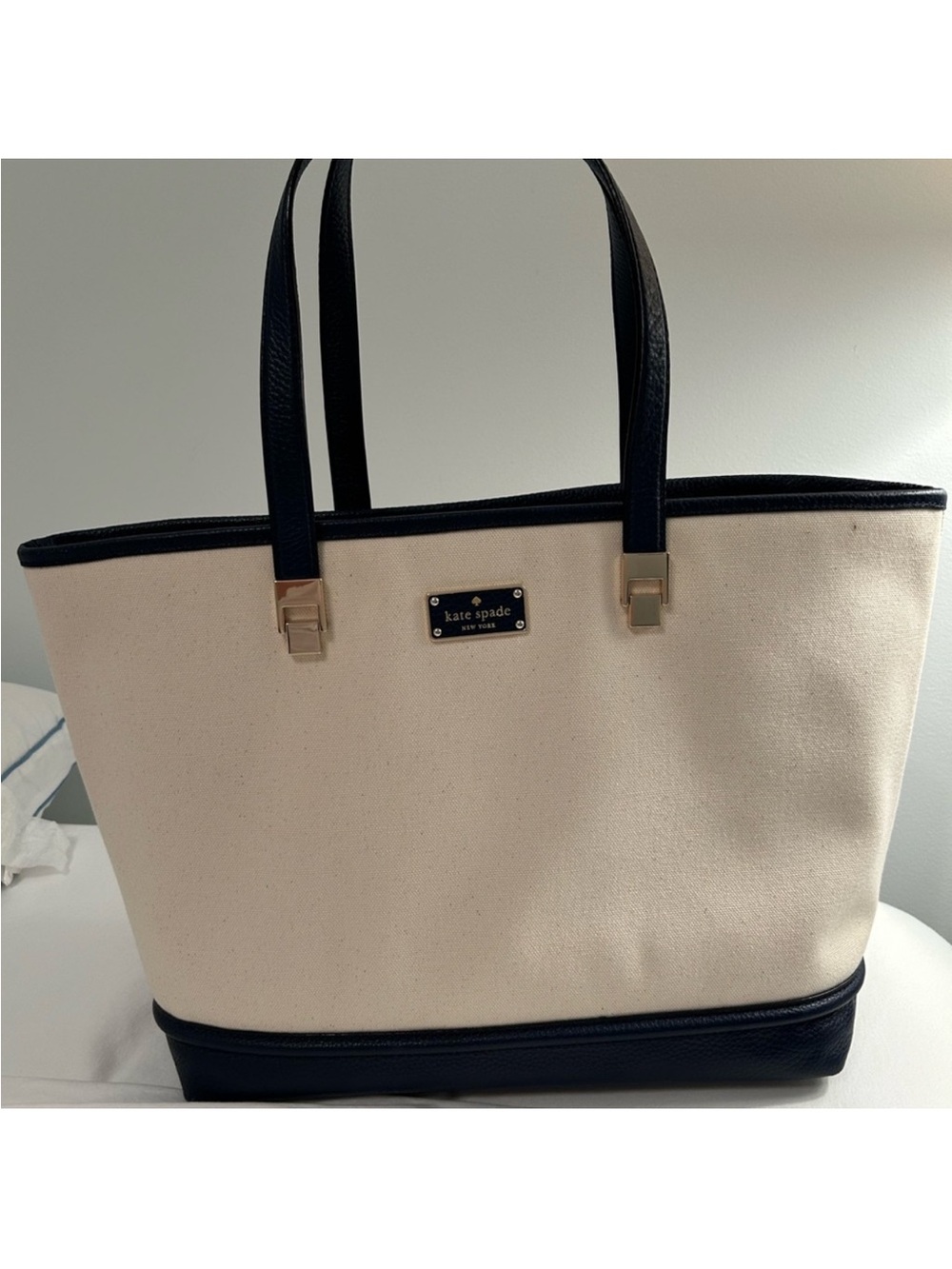 Kate Spade Taren Oliver Street Canvas Tote Natural Navy NWT